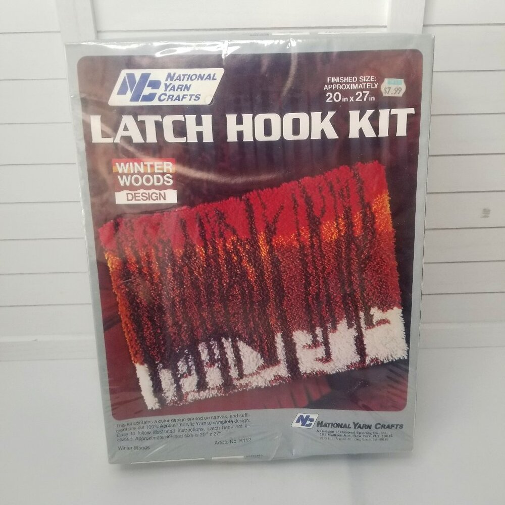 Vtg National Yarn Crafts Latch Hook Kit Winter Woods 20"x27" Red Orange Brown